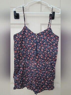 Lucca Couture Navy Romper with Red & White Floral Accents